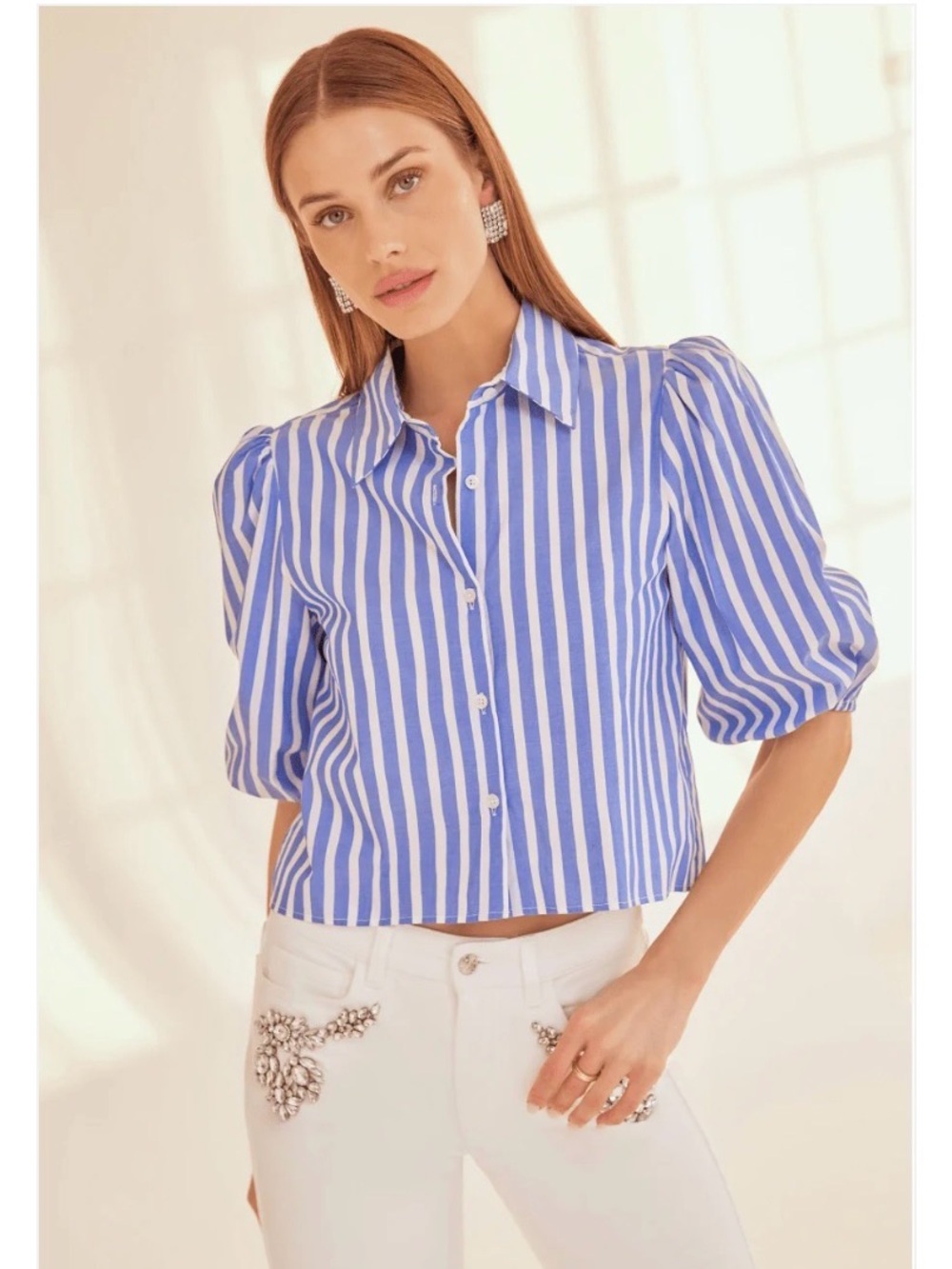 Generation Love Tammy Top in White/Blue Stripe, Size Medium